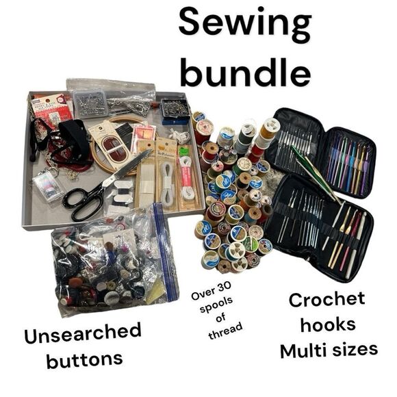 Sewing bundle over 100 items.Needles crochet hooks elastic lot grannycore estate - Picture 1 of 12